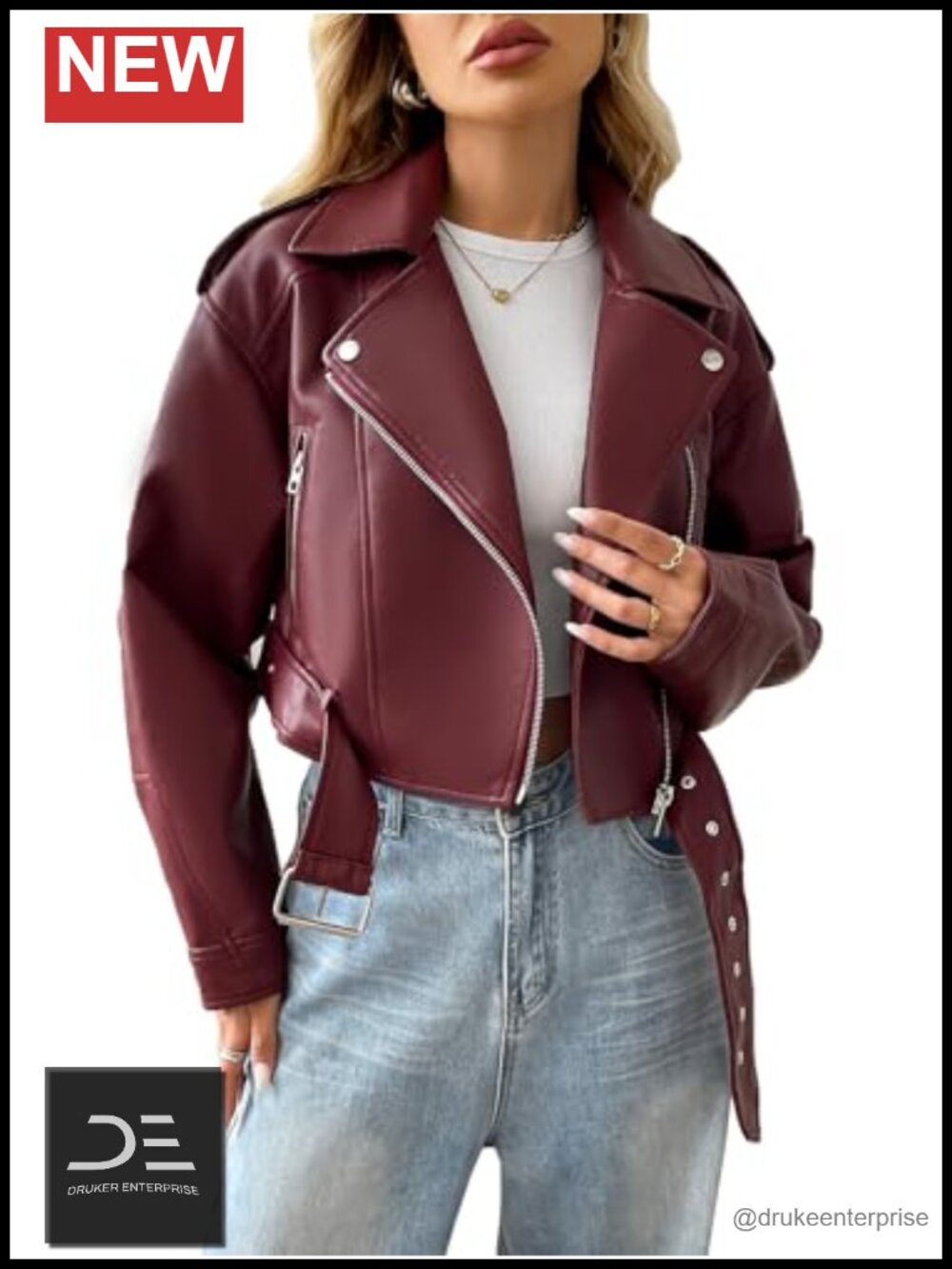 Faux Leather Cropped Moto Biker Jacket Belted Zip Vegan Coat